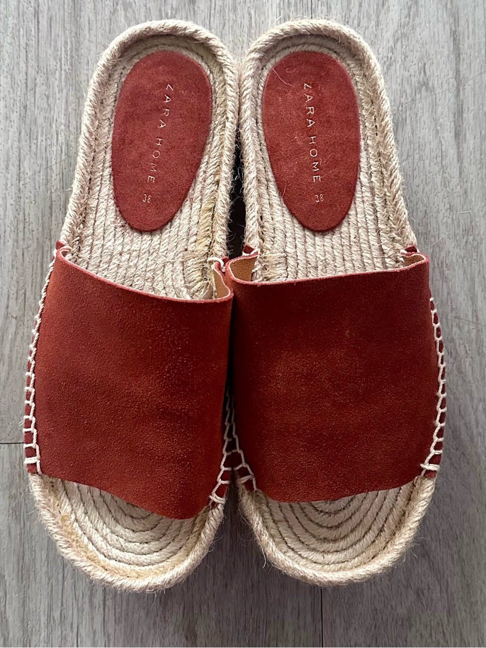 Zara | rust suede espadrille slide flatform sandal